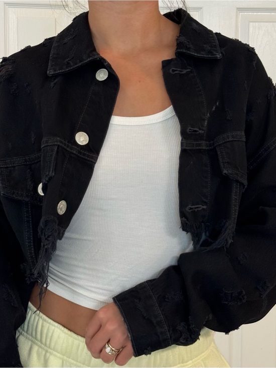 Zara Jackets & Blazers - Zara Black Distressed Cropped Jean Jacket